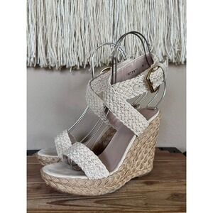 Stuart Weitzman Alex Ivory Crochet Espadrille Platform Wedge Sandals Size 8